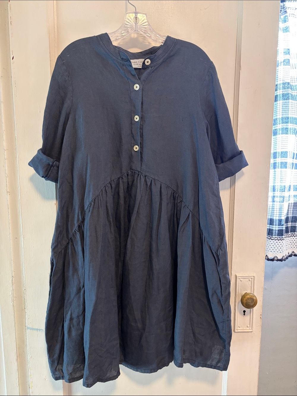 Haris Cotton 100% Linen Short Popover Tunic Dress Navy Coastal Lagenlook M